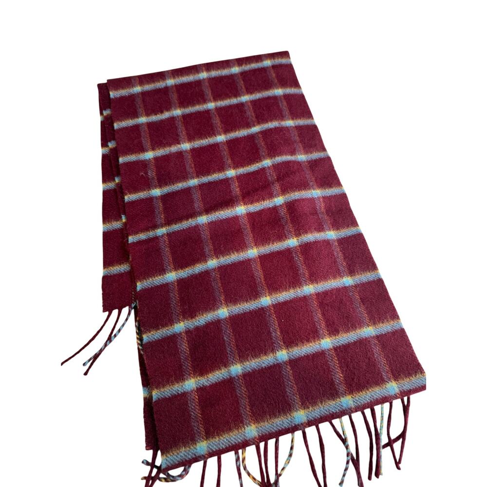 Johnstons of Elgin Scotland Cashmere Fringed Scarf Burgundy Plaid